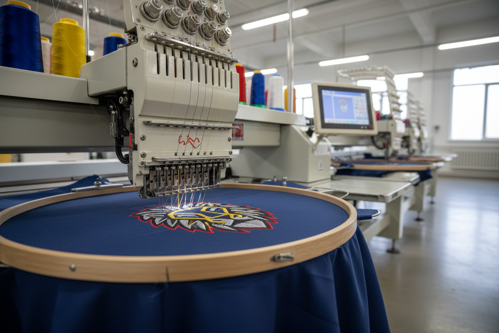 une machine à brodé, qui brode un logo