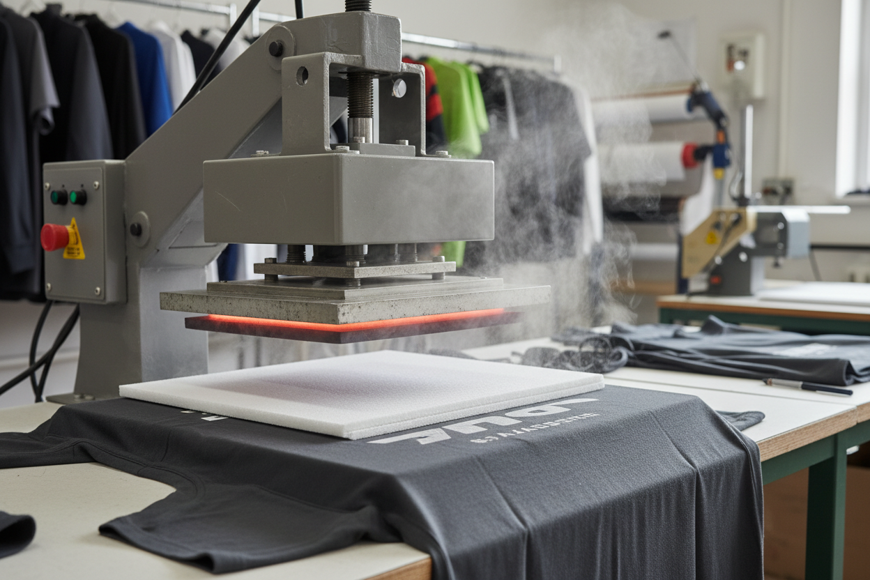 Vêtement en train d'être floquer par un presse chaud